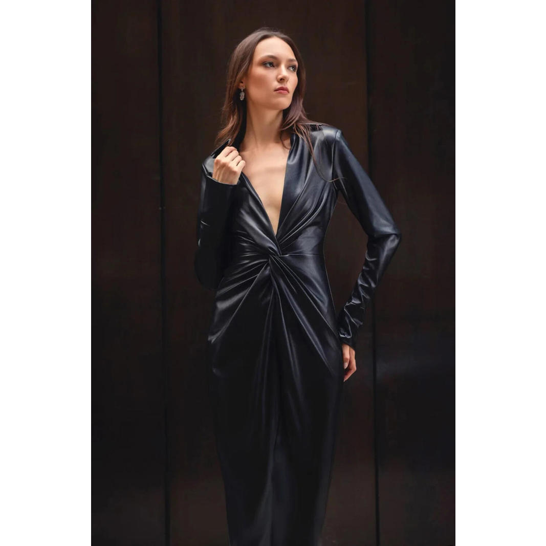 One33 Social Sz 0 Mary Black Lbd Twist Faux Leather Cocktail Dress $475 Sleeve